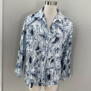 Vince Womens Large Lily Pleated Blouse Long Sleeve Button Blouse Blue White Top